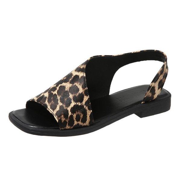 Women's Casual Leopard Print Flat With Open Toe Square Toe, Hollow Back, European And American Fashion, Chunky Low Heel_vogvips.com