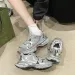 Women's Silver Pink Chunky Sneakers Metallic Mesh Platform Dad Height Increasing Wear Resistant Versatile Lightweight_vogvips.com