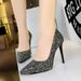 High-heeled, stiletto, high-heel, waterproof platform, shallow-cut, pointy, sequined single-shoe for women_vogvips.com