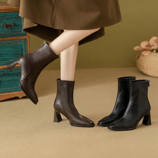 2025 Autumn New Women's With Square Toe Elastic Slim Fit Simple Commuter High Heel Korean Fashion Boots_vogvips.com