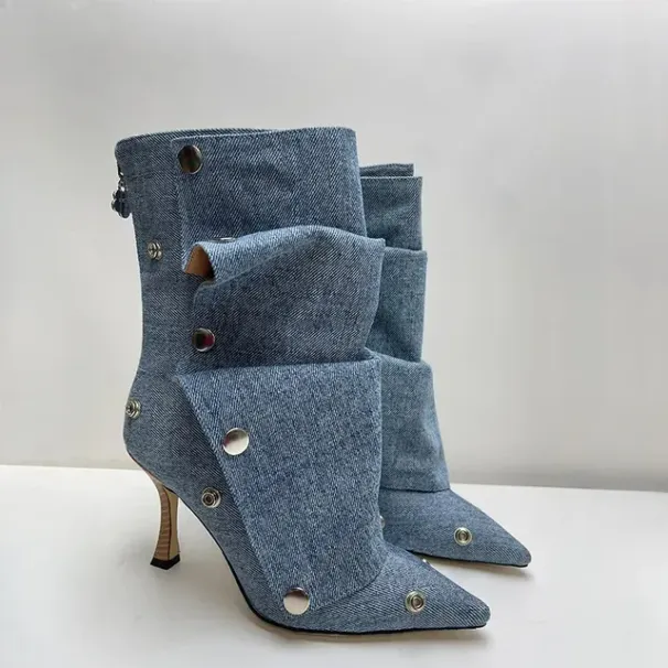 Wrinkled Metal Button Spliced Denim 2024 Women Detachable Mid-calf 34-43 Auto Show Model Fashion Boots_vogvips.com