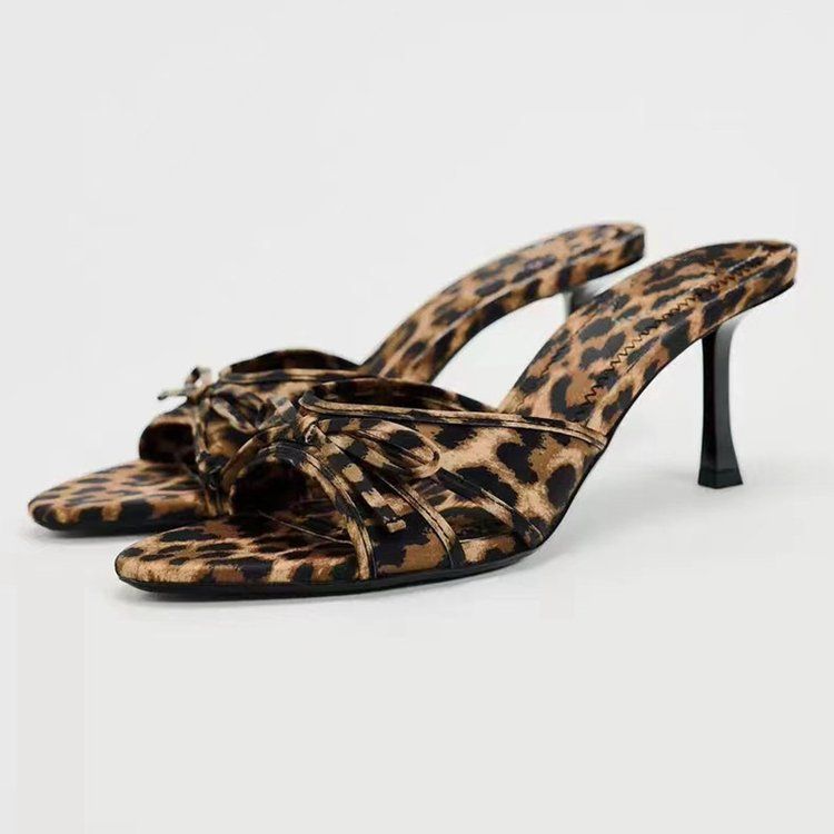 Shoes Leopard Print Women's Stiletto Sandals Open Toe Round Heel Bow Embellished Spring Summer For Formal & Casual For Women_vogvips.com