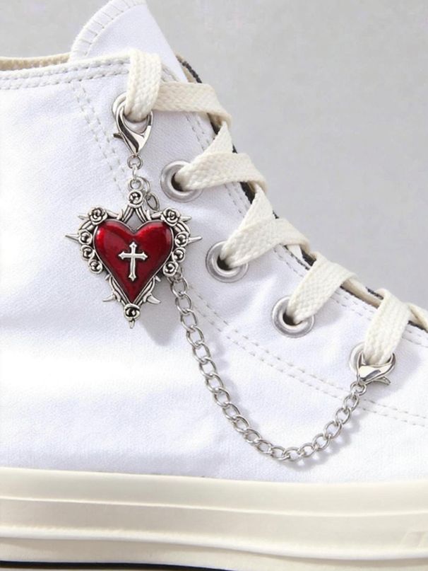 2PCS Grunge Punk Vintage Gothic Red Heart, Rose, Cross Punk Charm Shoe Accessories, Halloween_vogvips.com