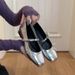 Sheepskin Version Bow Tie Silver Mary Jane Shoes Low Heel Square Toe Shallow Mouth Ballet Style Single Shoes For Women_vogvips.com