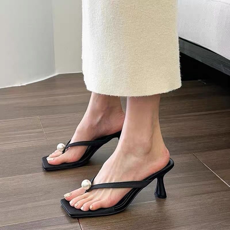 Summernew Arrival Black Pearl Square Toe Flip-flops Women's Daily Work Clothing Slimming Lookeasiest For Match Medium Heel Cool_vogvips.com