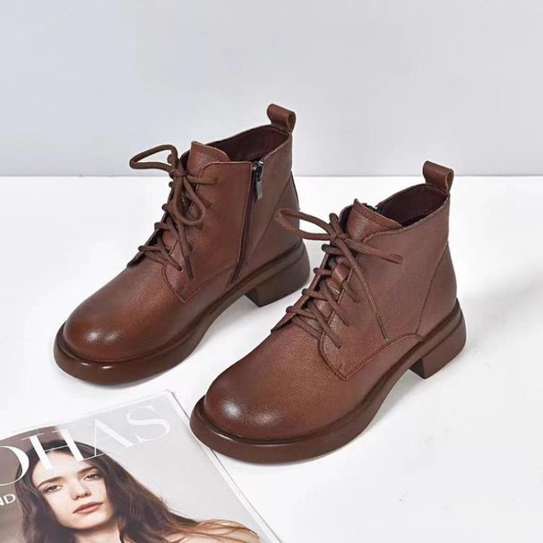 Martin Flat Genuine Soft Sole Short Spring Autumn Single British Style Round Toe Ankle Boots Fleece-Lined Women's_vogvips.com
