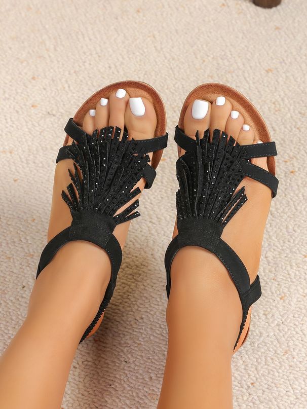 Cross Border Foreign Trade New Style Bohemian Women's Shoes Beaded Mid Heel Open Toe Wedge Heeled Flat Soled Summer Casual Tassel Sandals_vogvips.com