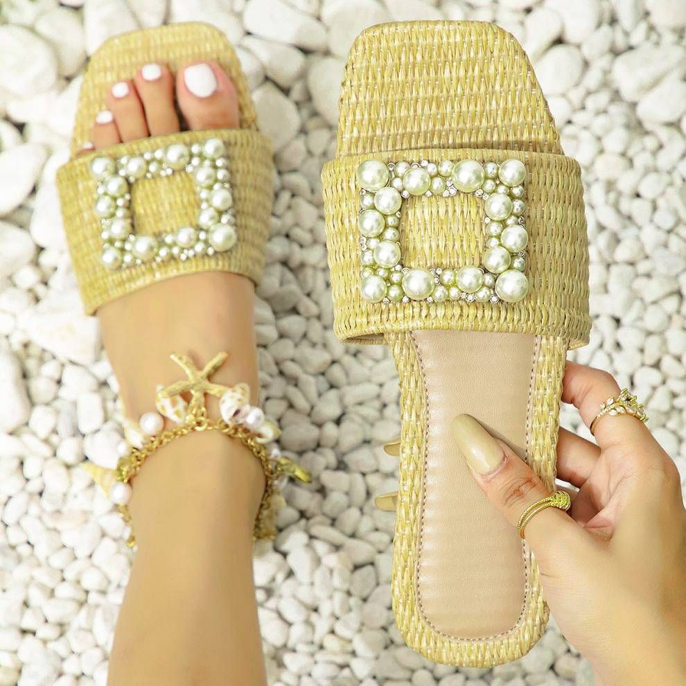Large Size Women’s Shoes Summer Woven Metal Buckle Flat Slippers For Women Ins Fashionable Beach Sandals Flat Sands_vogvips.com