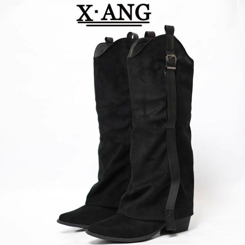 Cow Suede Pointed Toe Chunky Heel Slimming Boot Brown Riding Over-the-Knee High Long Western Cowboy Boots_vogvips.com