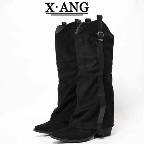 Cow Suede Pointed Toe Chunky Heel Slimming Boot Brown Riding Over-the-Knee High Long Western Cowboy Boots_vogvips.com
