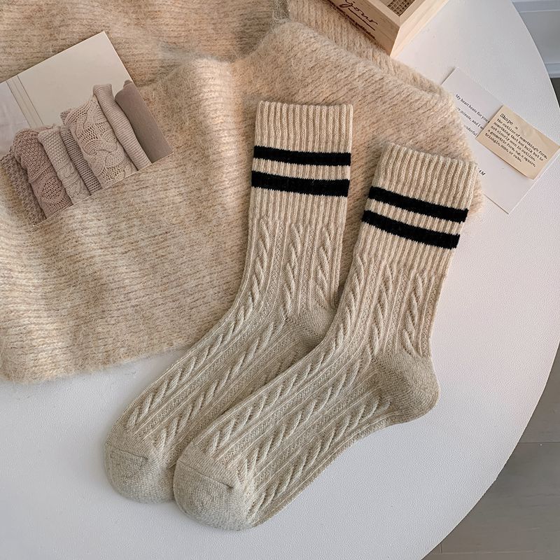 Warm Wool Cable Knit Socks For Women And Men, Striped Mid-Calf Socks, Thick Retro Style, Soft And Cozy, Perfect For Fall And Winter_vogvips.com