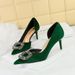High heel suede shallow mouth pointed side hollow-out metal rhinestone buckle single shoes women_vogvips.com