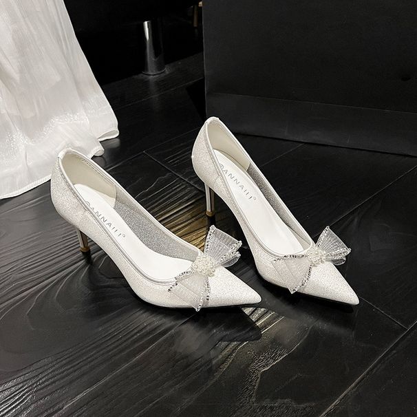 Women's Sexy Fairy Single Shoes White Wedding Dress Shoes With Bows High Heels New Style Mesh_vogvips.com