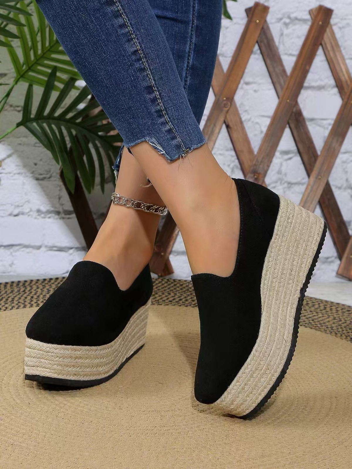 Women's Large Size Wedge Heel Straw Woven Slip-On Shoes Independent Station Lazy Single Shoes_vogvips.com