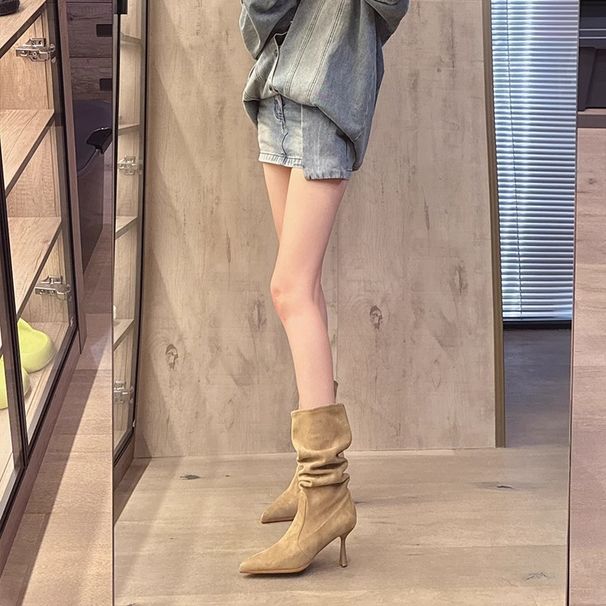 New Mid-Calf Knight Women With Thin Heels, Pointed Toe Ankle Slimming High Heel Martin Boots, Slouch Boots For Autumn_vogvips.com