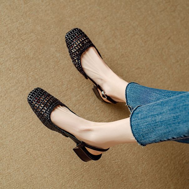 4cm~ Woven Hollow Sandals For Women 2024 Summer New Fashion Breathable Square Toe Medium Chunky Heel Open Back_vogvips.com