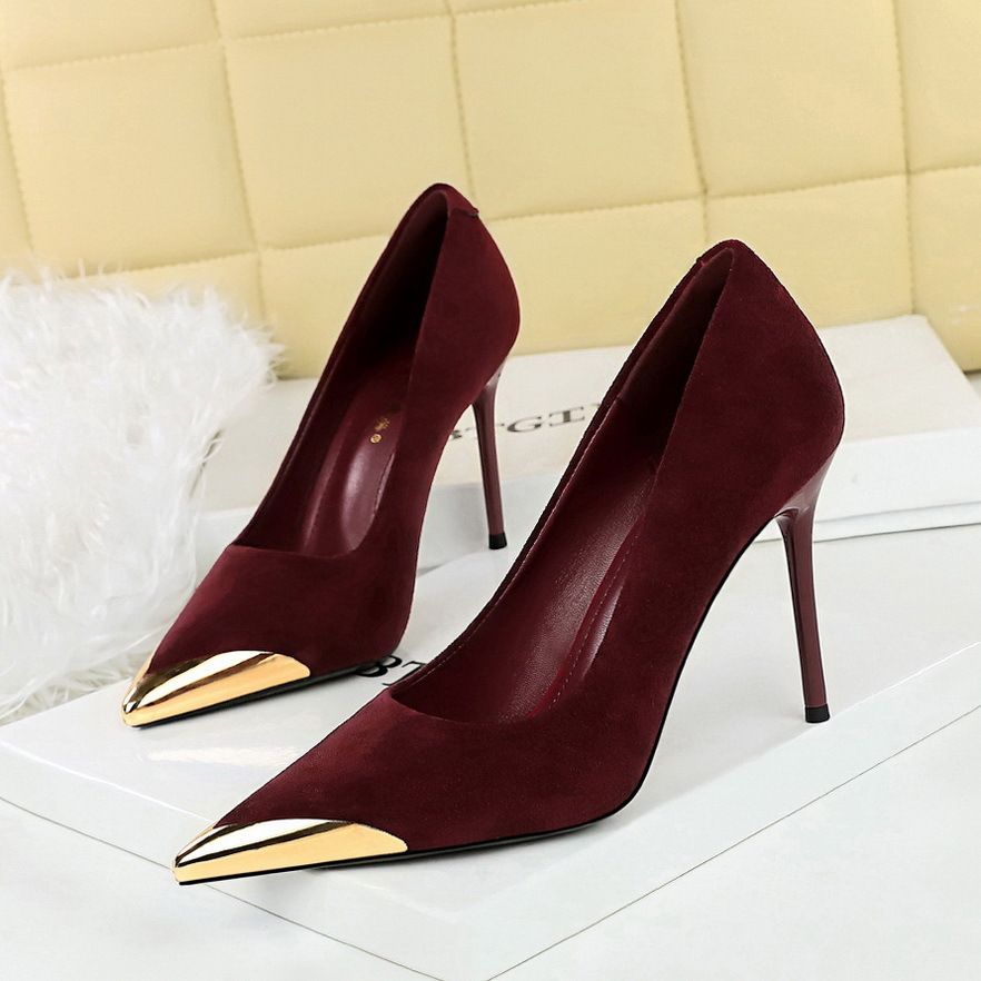 Women's Shoes High Heels Thin Heel Suede Light Mouth Metal Pointed Iron Head Thin Single Shoes_vogvips.com
