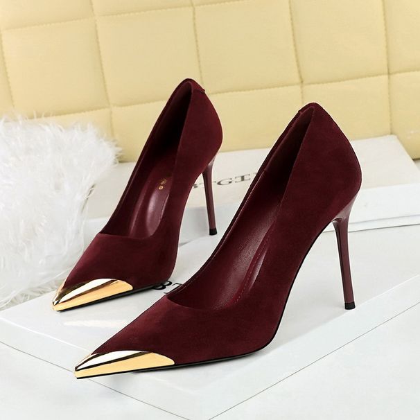 Women's Shoes High Heels Thin Heel Suede Light Mouth Metal Pointed Iron Head Thin Single Shoes_vogvips.com