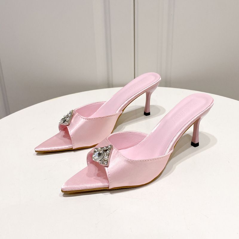 Plus Size Satin High Heels Women's Stiletto Pointed Toe Rhinestone Embellished Summer Designer Fashion European American Style Versatile Slippers_vogvips.com