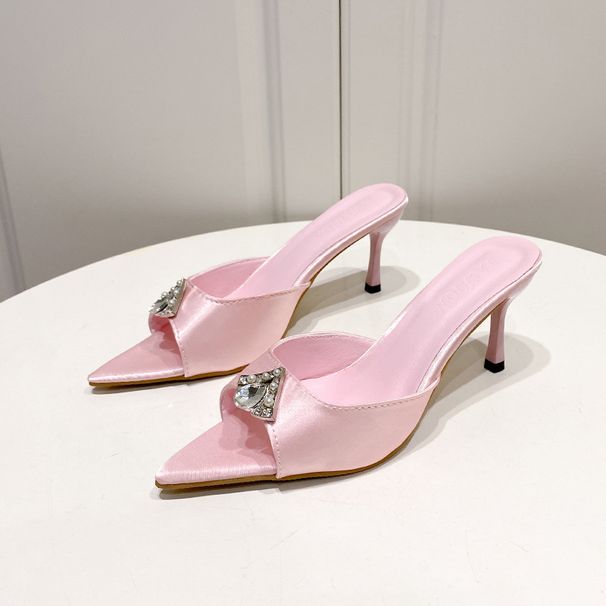 Plus Size Satin High Heels Women's Stiletto Pointed Toe Rhinestone Embellished Summer Designer Fashion European American Style Versatile Slippers_vogvips.com