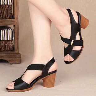 2024 Spring Summer Women's Sandals New Open Peep Toe Roman Shoes High One Strap Buckle Thick Heel Leather Elastic_vogvips.com