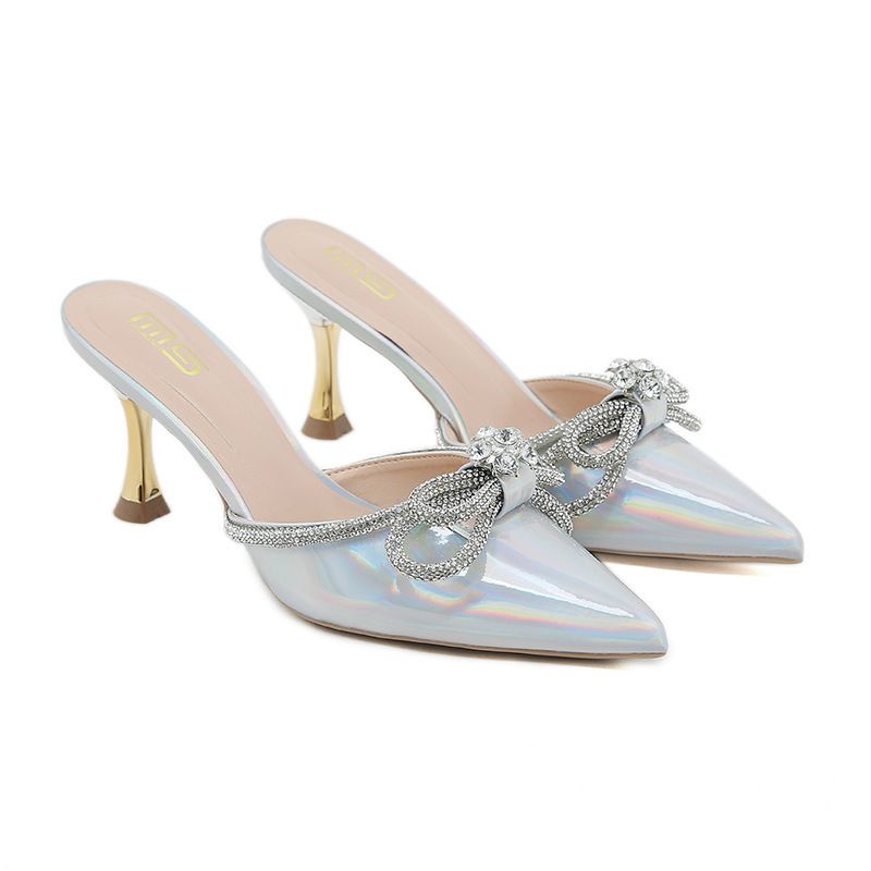 Women's Shoes Summer Women's Sandals With Rhinestone Bows, High Heels, Pointed Toe, Mid Heel Mules, Stiletto Sandals, Single Shoes_vogvips.com