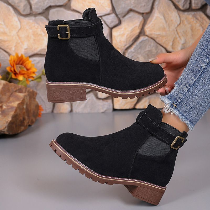Black Martin Autumn Winter New Large Size Slip-On Short Trendy Round Toe Square Heel Mid-Calf Boots Women's Shoes_vogvips.com