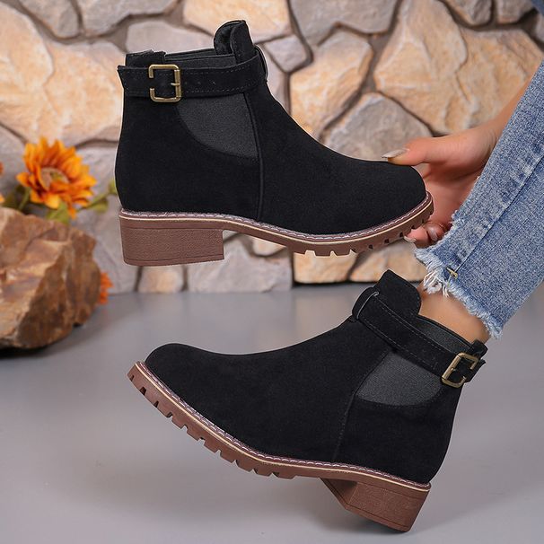 Black Martin Autumn Winter New Large Size Slip-On Short Trendy Round Toe Square Heel Mid-Calf Boots Women's Shoes_vogvips.com