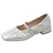 French Silver Pleated Middle Heel Mary Jane Shoes Women's One-word Buckle With Soft Leather Light Mouth Thick Heel High Heels_vogvips.com