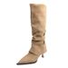 2025 Autumn Winter New Pointed Toe Over-the-Knee Belt Buckle Thin Mid Long Heel High Tube Boots Brown Velvet_vogvips.com
