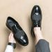 Euro Step Black And White Men's Leather Shoes New British Business Height Increasing Brogue Derby Patchwork Casual Big Head_vogvips.com