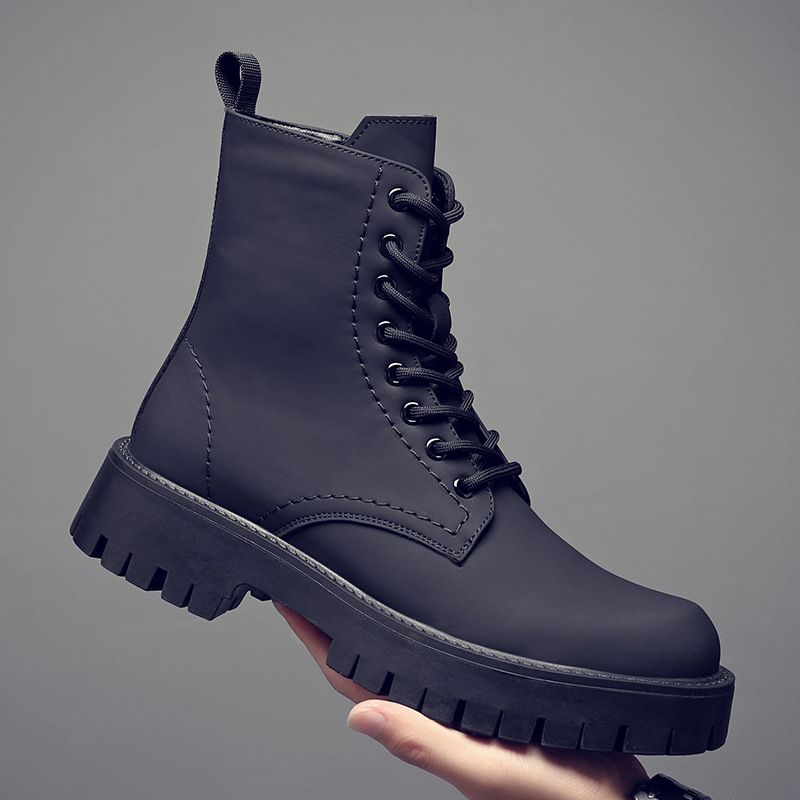 Martin Boots Men's High-top Leather Shoes Wind Thick-soled Heightened Velvet Black Locomotive Boys Soft Leather Medium-top Boots_vogvips.com