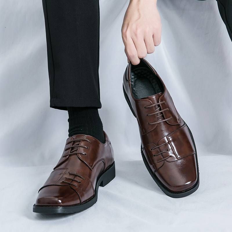 Men's Shoes Fashion Square Toe Men's New Black Business Formal Wear Derby Shoes Lace-up Genuine Leather British Brown Banquet Dress Wedding Leather Sh_vogvips.com