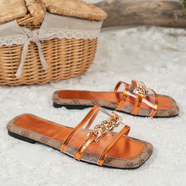 New Square Head Thick-soled Metal Buttons Outside To Wear A Line Flip-flops Woman_vogvips.com
