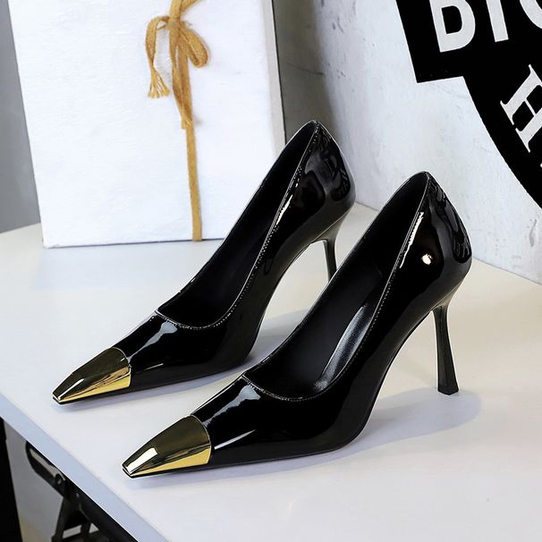 Women S Pointed Toe High Heels Glossy Patent Leather Stiletto Pumps With Metallic Accents For Evening Parties_vogvips.com