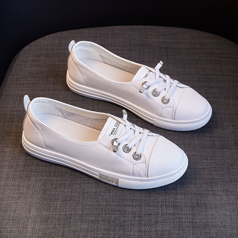 First Layer Cowhide Shallow Mouth White Shoes For Women 2025 New Summer Versatile Genuine Leather Casual Slip On Flat Shoes_vogvips.com