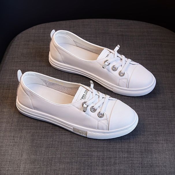 First Layer Cowhide Shallow Mouth White Shoes For Women 2025 New Summer Versatile Genuine Leather Casual Slip On Flat Shoes_vogvips.com