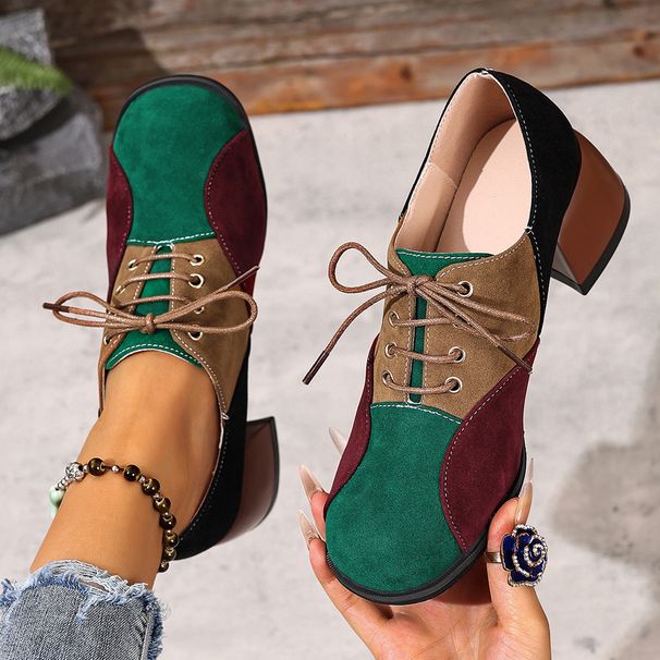 Women's Retro Color Blocked mid Heel Flats Lace up Suede Leather Shoes plus Size Autumn New Style_vogvips.com