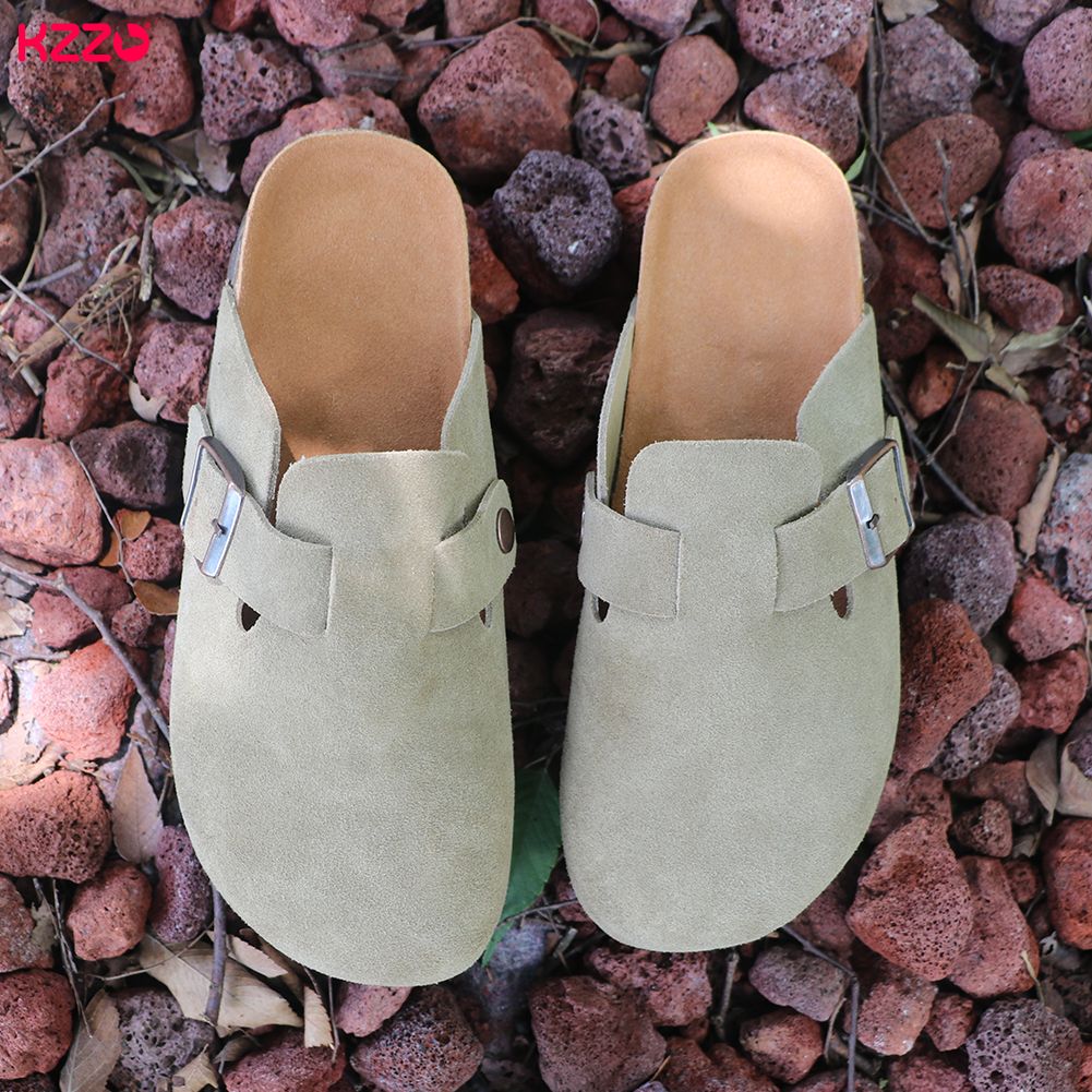 KZZO 2026 Genuine Suede Leather Women Mules And Clogs Adjustable Buckle Cork Footbed Comfort Casual Outdoor Slippers_vogvips.com