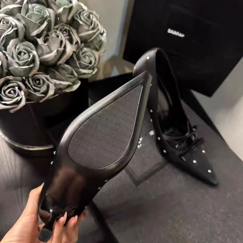 High-End Polka Dot French Style Bow Square-Toed Black Rhinestone Single Women's Shoes 2025 New High Heels_vogvips.com