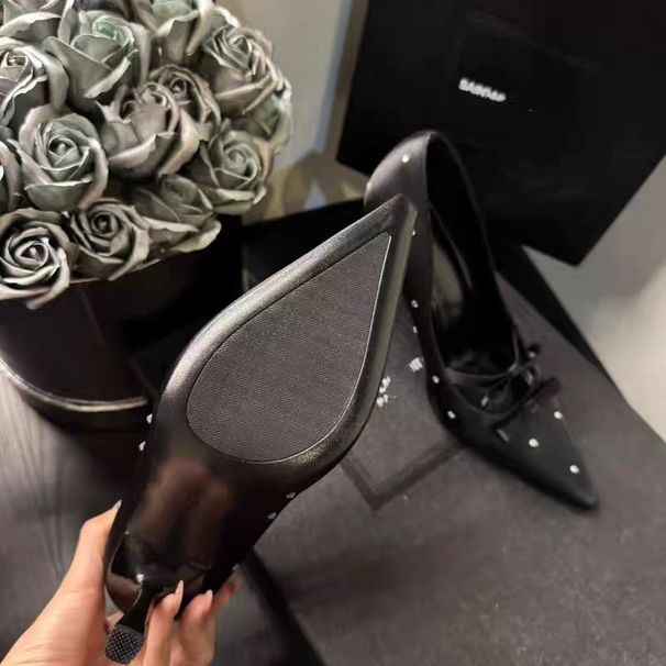 High-End Polka Dot French Style Bow Square-Toed Black Rhinestone Single Women's Shoes 2025 New High Heels_vogvips.com