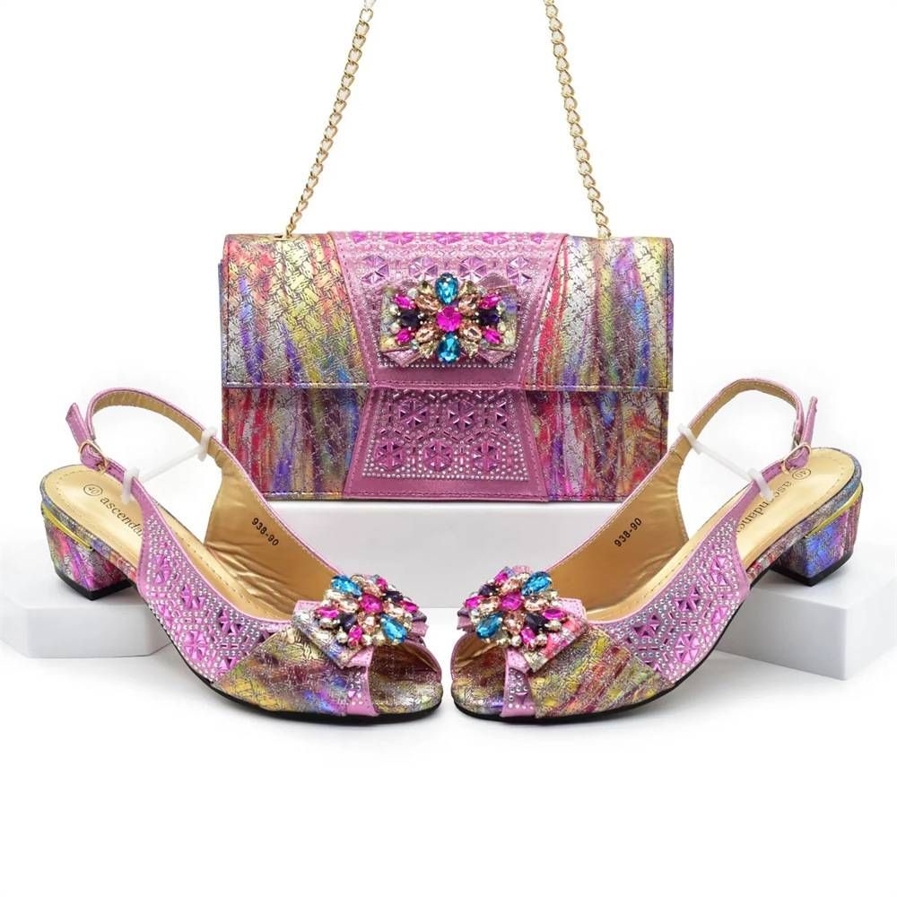 Women's Fashion High Heels Sandals Party Wedding Event Matching Rhinestone Embellished Flower Buckle Dress Shoes Bag Set_vogvips.com