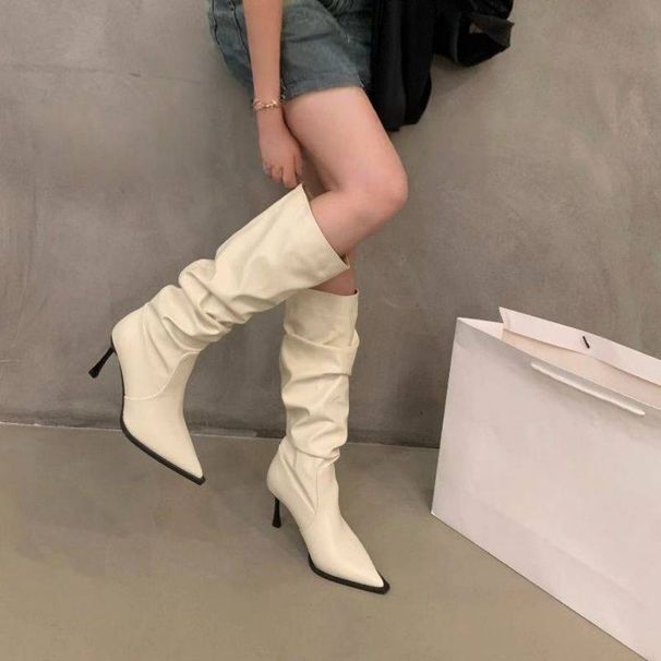 Chic Knee-High Stiletto Boots - Slimming PU Stacked Boots With 8cm Heel | Pointed Toe | Anti-Slip Sole | Winter & Fall Fashion_vogvips.com