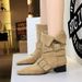 9625-1 Retro Style Western Square Toe Belt Buckle Mid Chunky Heel Suede Ankle Fashion Short Mid-Calf Women's Boots_vogvips.com