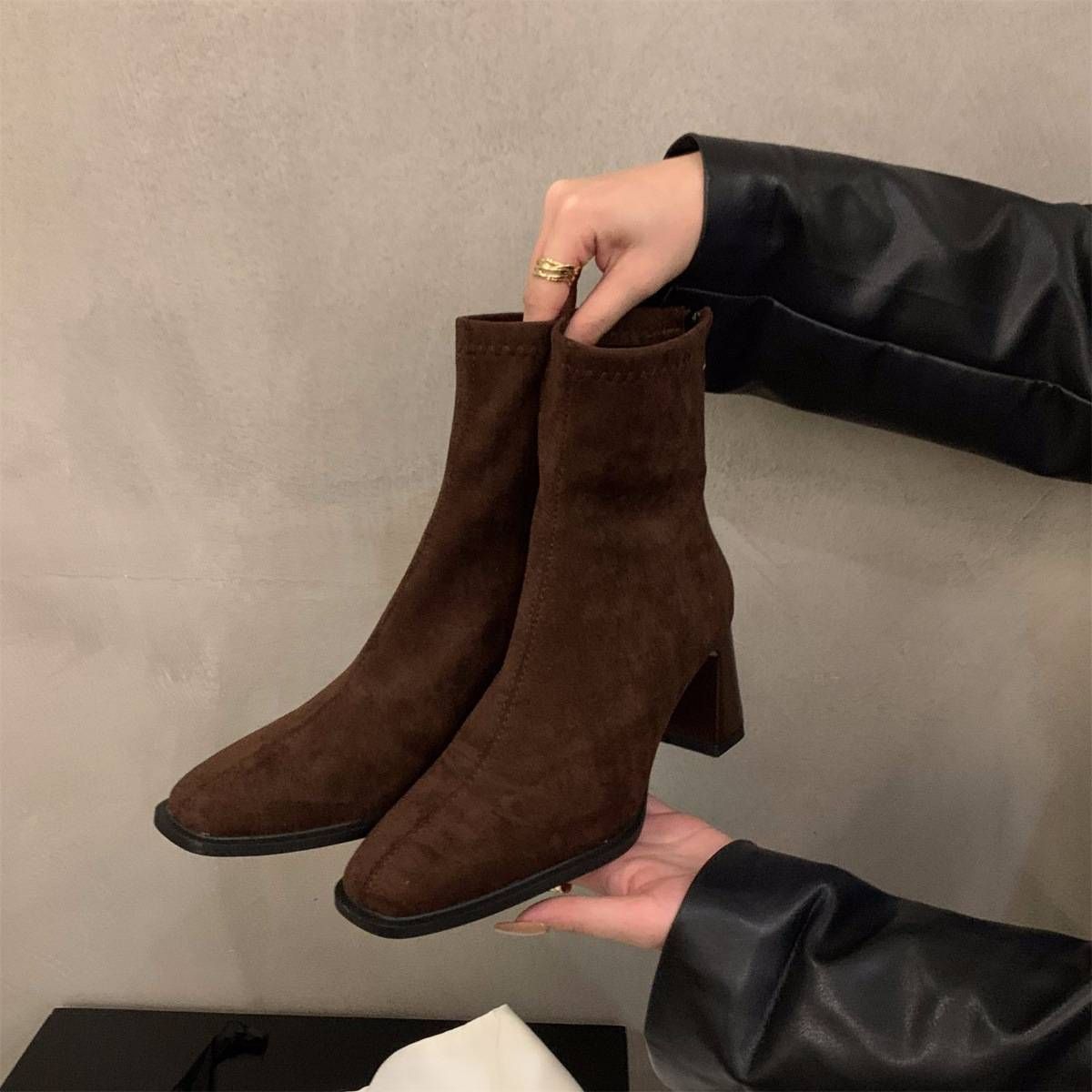High-heeled Korean-style Small Ankle Boots, Suede Martens Boots, New Autumn Square-toed, Slender Short Boots For Women_vogvips.com