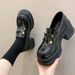 Black Patent Loafers: Gold Buckle Thick Platform Block Heel Shoes_vogvips.com