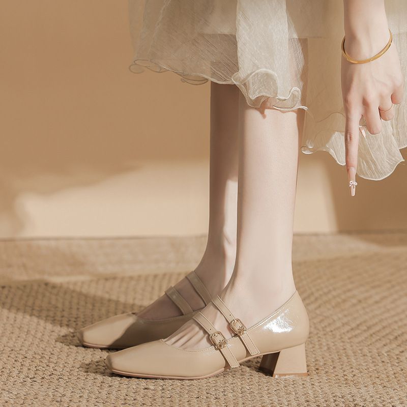 Bare Color Mary Jane Small Leather Shoes For Women With A Skirt, Thick Heel, Women's Evening Dress, Gentle Style Shoes For Women_vogvips.com