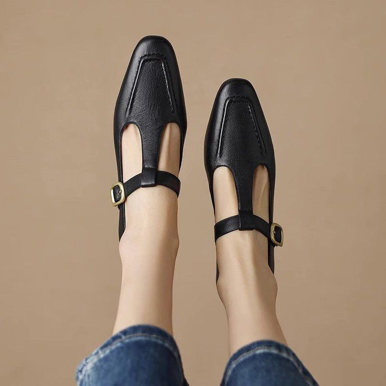 French-style Vintage Mary Jane Women's S, Spring 2026, Soft Leather, Brown, T-strap, Chunky Heel, Mid-heel Leather_vogvips.com