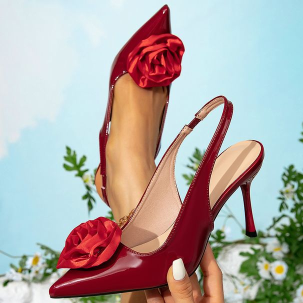 Women's Shoes Wine Red High Heel Sandals Women's Stiletto Fashion Party Pointed Shoes Red Rose Flower High Heel Sandals_vogvips.com