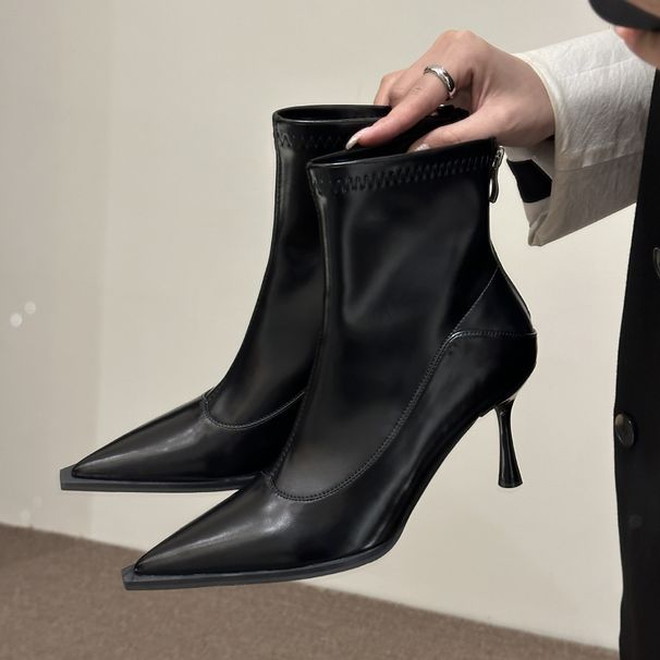 2024 Autumn Winter New Slim Thin High Heel Pointed Toe Elegant Soft Leather Back Zipper Korean Style Versatile Short_vogvips.com
